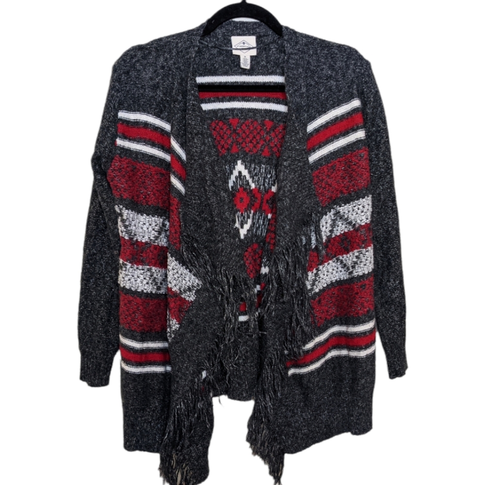 St. John's Bay Winter Fringe Red Gray Open Front Cardigan – Size M ❤️🖤🤍